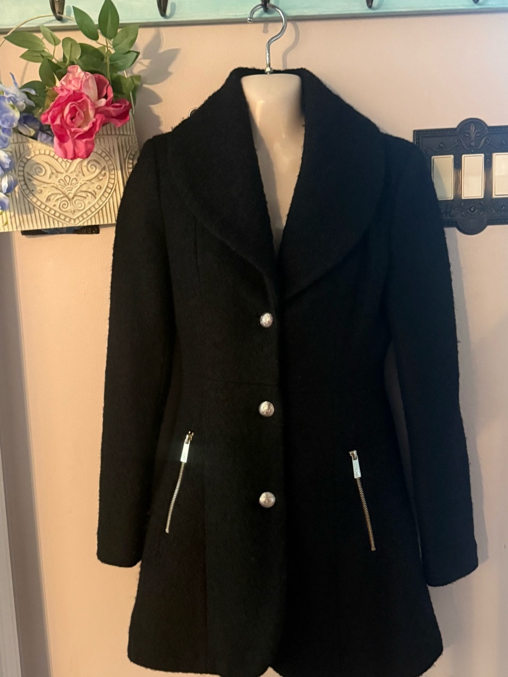 Guess Women's Small Boucle Black Winter Coat with Decorative Buttons